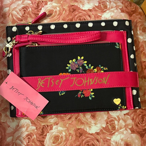 Betsey Johnson Handbags - Betsey Johnson Black and Pink Floral Clutch Set